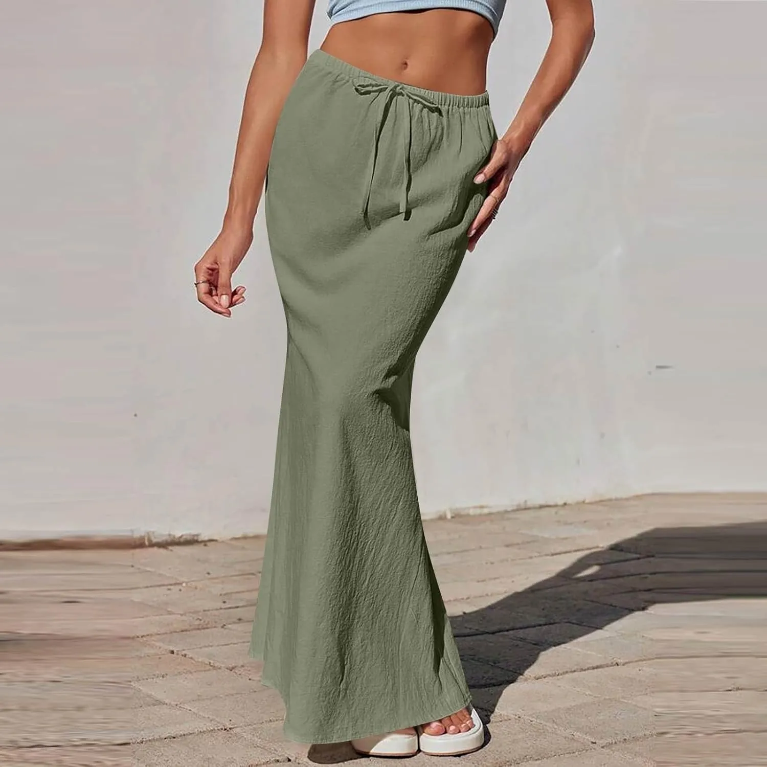 Womens Summer Maxi Skirts Elastic Waist Drawstring Back Slit Flared Skirt Casual Dressy Linen A-Line Flowy Long Skirt
