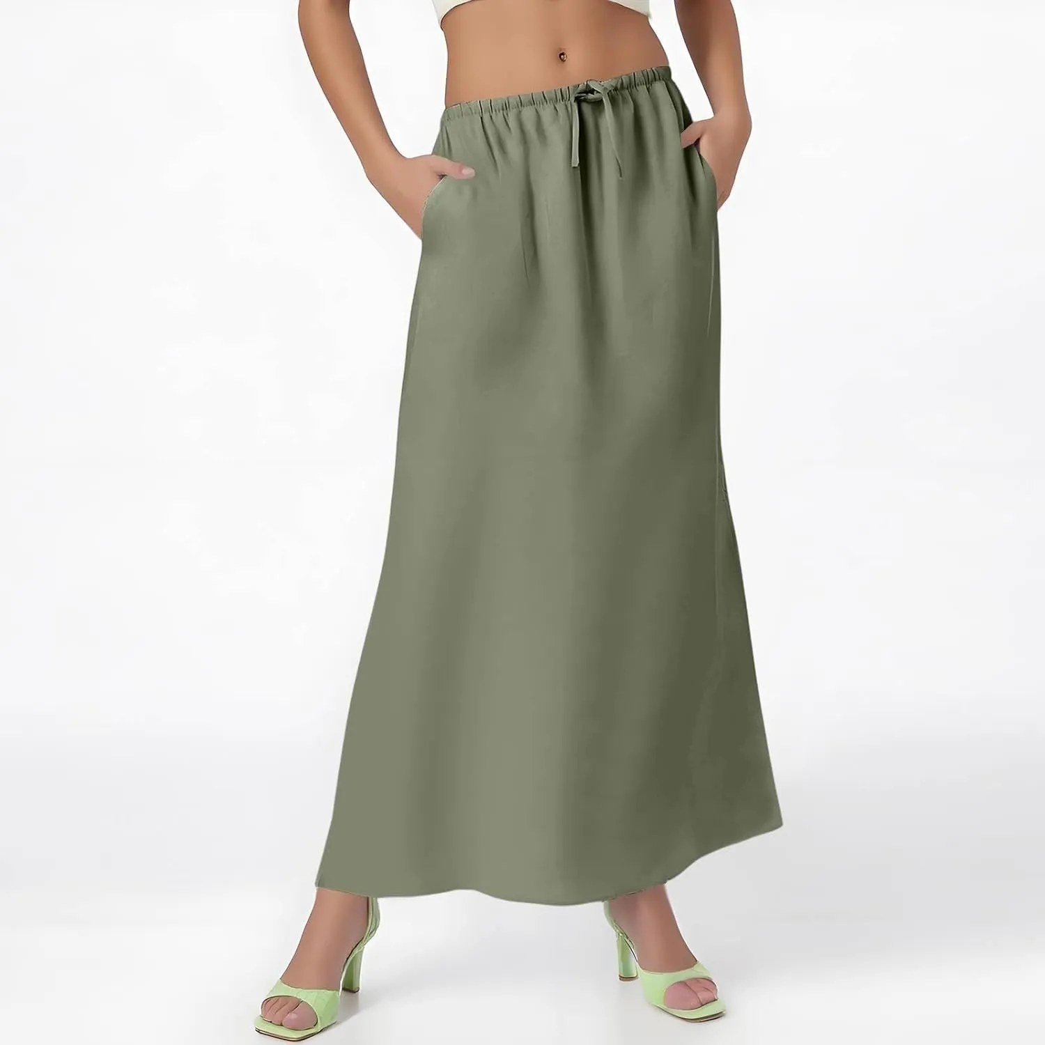 Womens Summer Maxi Skirts Elastic Waist Drawstring Back Slit Flared Skirt Casual Dressy Linen A-Line Flowy Long Skirt