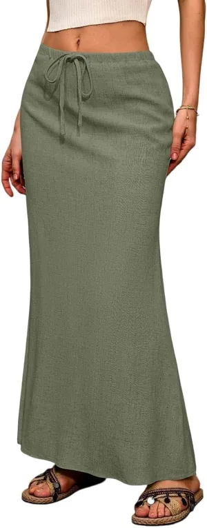 Womens Summer Maxi Skirts Elastic Waist Drawstring Back Slit Flared Skirt Casual Dressy Linen A-Line Flowy Long Skirt